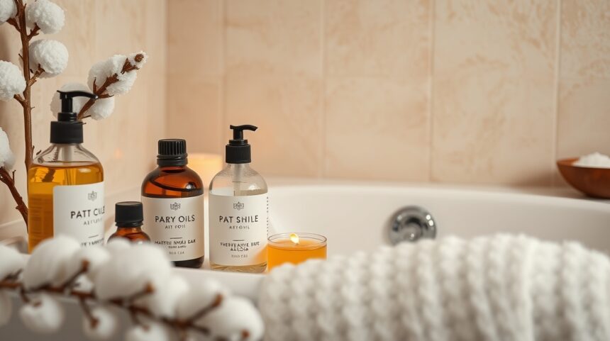 Fürdőolajok és gyertyák a fürdőszobában a téli bőrszárazság ellen.