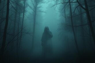 Félelmetes alak egy ködös erdőben, szellemkinövések témában