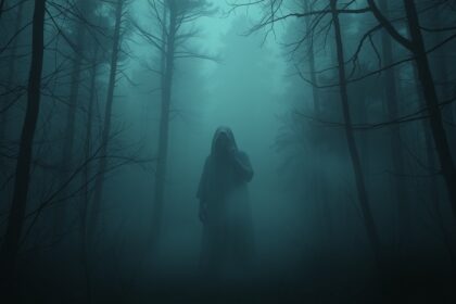 Félelmetes alak egy ködös erdőben, szellemkinövések témában