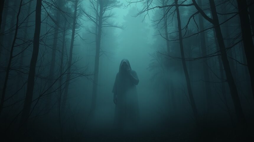 Félelmetes alak egy ködös erdőben, szellemkinövések témában