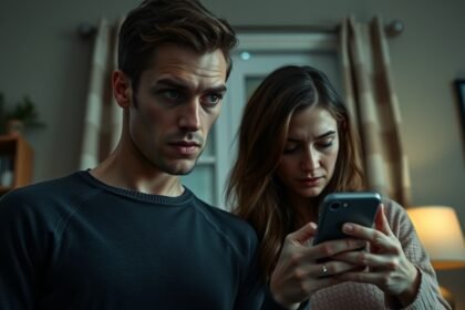 Feszültség egy párkapcsolatban, smartphone használat közben.