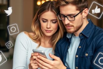 Fiatal pár közösen nézi telefonját közösségi média ikonokkal.