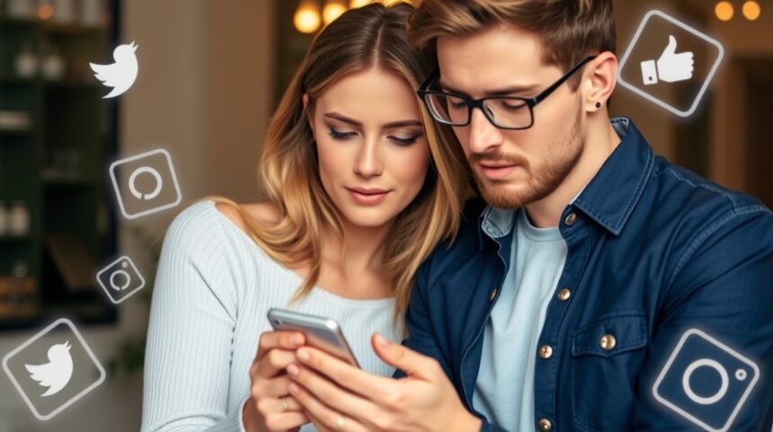 Fiatal pár közösen nézi telefonját közösségi média ikonokkal.