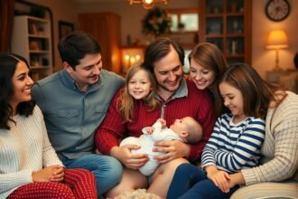 Nagycsalád boldog együtt töltött időt babával otthon