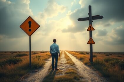 Egy férfi a kereszteződésnél, ami az élet döntéseire utal.