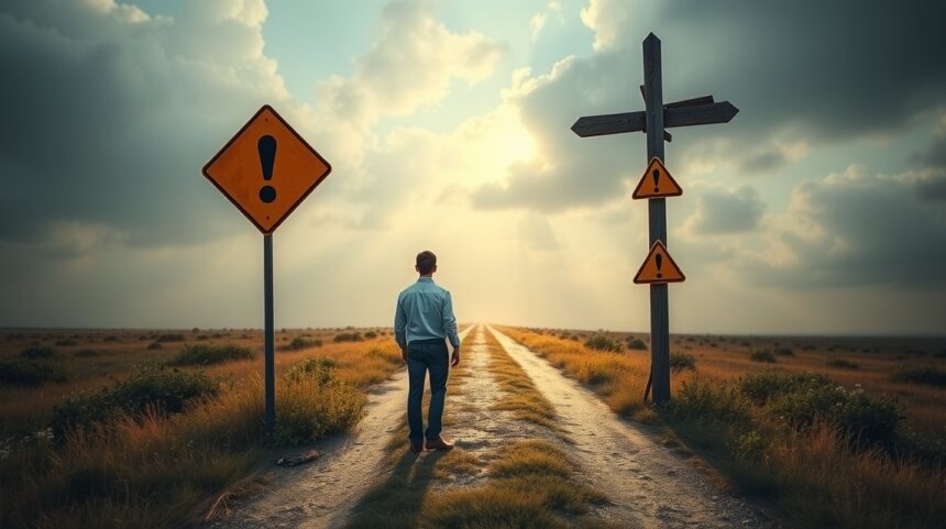 Egy férfi a kereszteződésnél, ami az élet döntéseire utal.