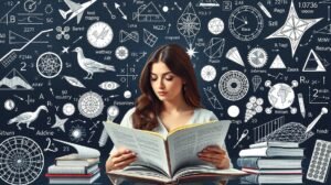 Szentpétervári nő egy könyvet olvas, tudományos ábrák között.