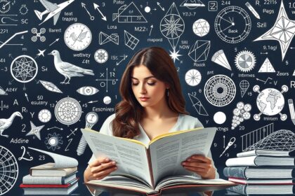 Szentpétervári nő egy könyvet olvas, tudományos ábrák között.