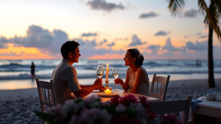 Romantikus vacsora a tengerparton, gyertyafénynél, naplementében.