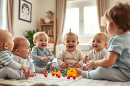 Hat baba játszik és nevet egy szőnyegen, barátságos környezetben.