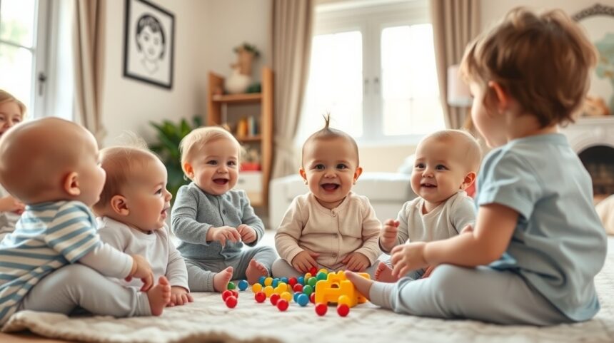 Bébik első közös baráti összejövetelei 1 Hat baba játszik és nevet egy szőnyegen, barátságos környezetben.