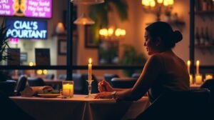 womensway 136 Egy nő ül egy gyertyafényes étteremben, várva az első randira.