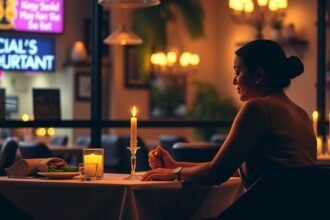 Egy nő ül egy gyertyafényes étteremben, várva az első randira.
