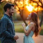 Fiatal pár beszélget egy parkban naplementében.