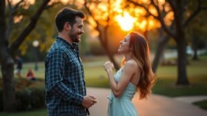Fiatal pár beszélget egy parkban naplementében.