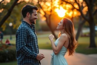 Fiatal pár beszélget egy parkban naplementében.