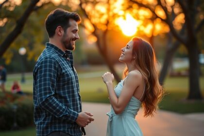 Fiatal pár beszélget egy parkban naplementében.