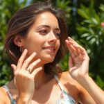 Nő fényvédőt alkalmaz a bőrápolás érdekében napfényben.