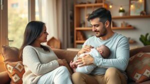 Egyszülős család kisbabával a kanapén, szeretetteljes pillanat.