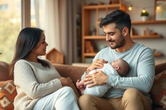 Egyszülős család kisbabával a kanapén, szeretetteljes pillanat.