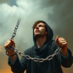 Fiatal férfi láncokat tart a kezében, az ég alatt, tükrözve a megszabadulás vágyát.