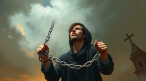 Fiatal férfi láncokat tart a kezében, az ég alatt, tükrözve a megszabadulás vágyát.