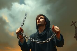 Fiatal férfi láncokat tart a kezében, az ég alatt, tükrözve a megszabadulás vágyát.