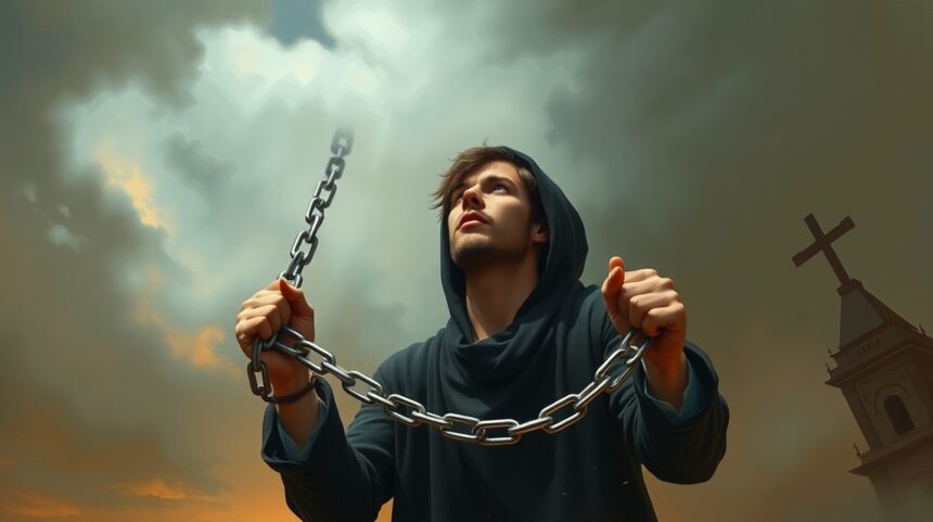 Próbáld ki ezt a 8 módszert, ha valaki megszállottságától szeretnél megszabadulni. 1 Fiatal férfi láncokat tart a kezében, az ég alatt, tükrözve a megszabadulás vágyát.