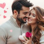 Fiatal pár, aki boldogan néz egymásra, szív alakú díszítéssel.