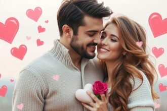 Fiatal pár, aki boldogan néz egymásra, szív alakú díszítéssel.