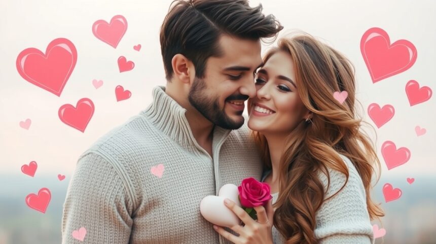 7 jel, hogy túl gyorsan esel szerelembe 1 Fiatal pár, aki boldogan néz egymásra, szív alakú díszítéssel.