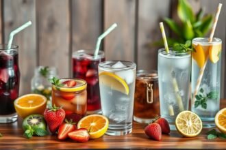 Különböző frissítő italok, beleértve a gyümölcslevet és a vízzel teli poharakat