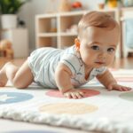 Baba kúszik egy színes játék szőnyegen, játékos környezetben.