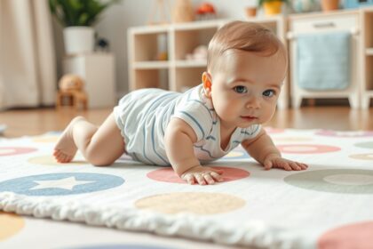 Baba kúszik egy színes játék szőnyegen, játékos környezetben.