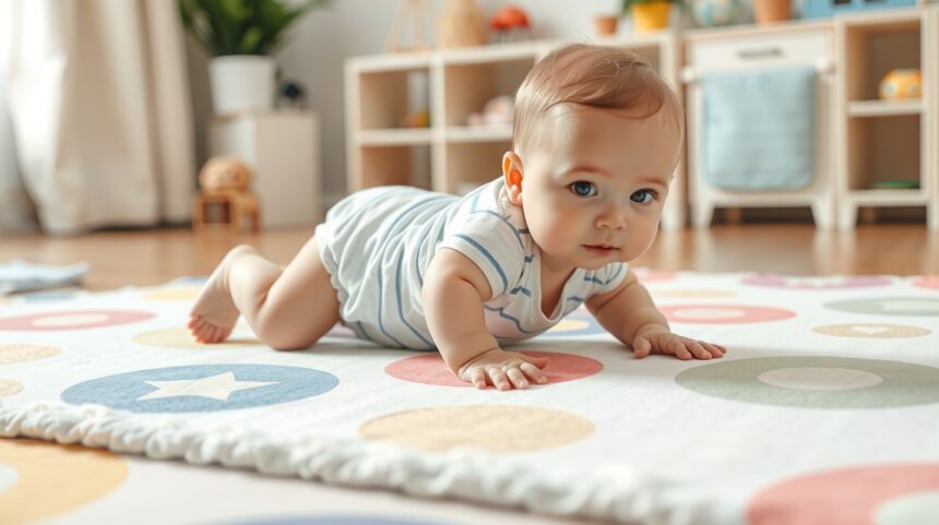 Baba kúszik egy színes játék szőnyegen, játékos környezetben.