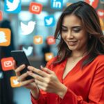 Nő mobiltelefonját nézi, szociális média ikonokkal körülvéve.