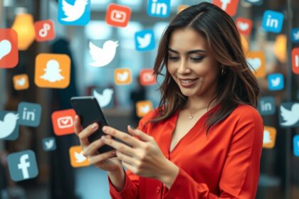 Nő mobiltelefonját nézi, szociális média ikonokkal körülvéve.