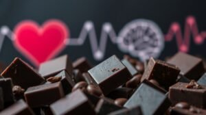 Sötét csokoládé darabok szív és agy grafikával a háttérben.