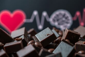 Sötét csokoládé darabok szív és agy grafikával a háttérben.