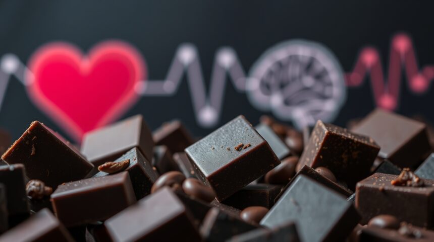 Sötét csokoládé darabok szív és agy grafikával a háttérben.