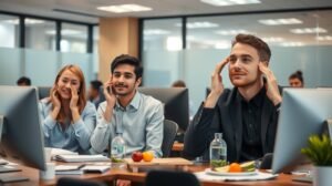 Dolgozók arcfrissítés közben ebédidőben, természetes hatóanyagokkal.