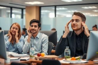 Dolgozók arcfrissítés közben ebédidőben, természetes hatóanyagokkal.