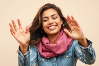 Örömteli nő, aki a kapcsolat fontosságáról beszél.