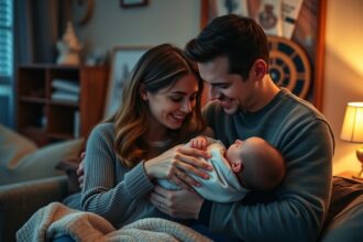 Boldog pár szülőséggel és kisbabával a kanapén.