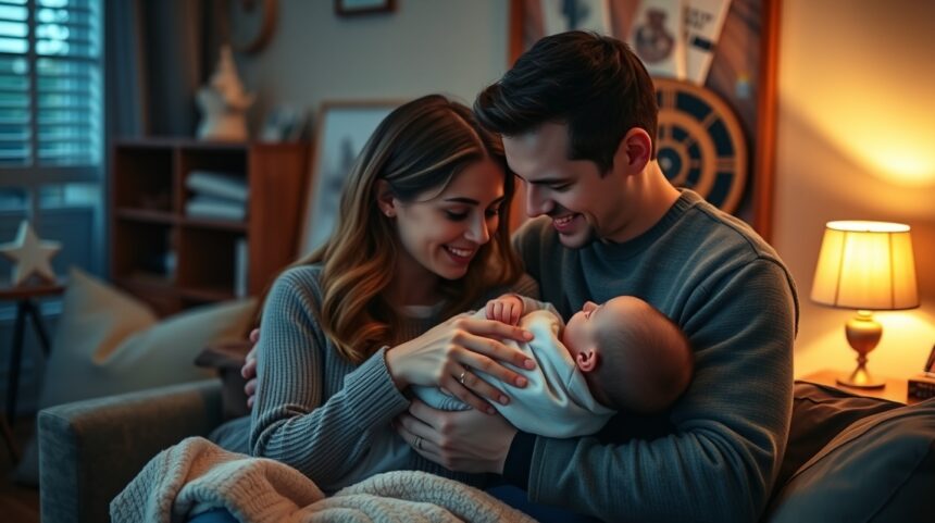 Párkapcsolati tanácsok kisbaba mellett: hogyan fordítsatok figyelmet egymásra? 1 Boldog pár szülőséggel és kisbabával a kanapén.