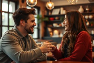 Pár egy kávézóban beszélget élőben, online ismerkedés után.