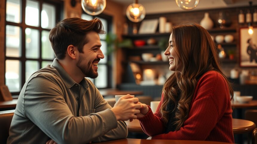 Online ismerkedés: Mikor találkozzunk élőben? 1 Pár egy kávézóban beszélget élőben, online ismerkedés után.