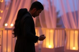 Egy pár romantikus pillanata, háttérben gyönyörű fényekkel.