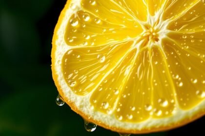 Friss citromszelet cseppen a vízben, tápanyagokban gazdag gyümölcs