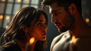 Két fiatal felnőtt közel áll egymáshoz, romantikus pillanat a gyertyafényben.